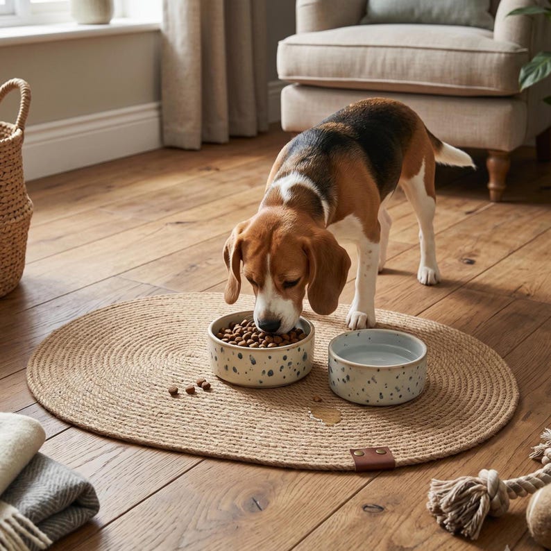 Handmade 100% natural jute dog bowl mat on a rustic light wood floor. This fringeless, hand-stitched placemat features a premium genuine leather tag and serves as a stylish, durable feeding station for dogs. The organic woven texture protects floors from food and water spills while providing a rustic, farmhouse aesthetic that blends seamlessly with modern pet home decor. Perfect for sustainable pet owners looking for functional and aesthetic dining solutions for their furry friends.