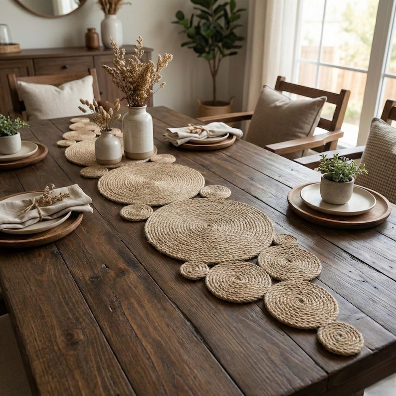 Dark wood farmhouse table with a jute circle runner down the centre, cream vases of dried grasses, a small potted plant and linen napkins on wooden chargers