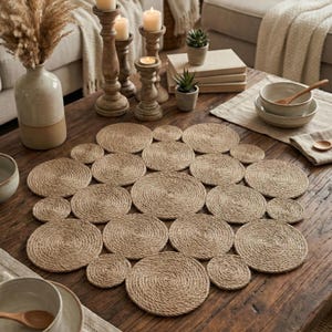 Op de afbeelding: Een set van ronde jute placemats op een rustieke houten salontafel. De placemats hebben een natuurlijke, bruinachtige kleur. De tafel is verder gedecoreerd met kaarsen, een vaas en kleine potplanten, wat een gezellige sfeer creëert.