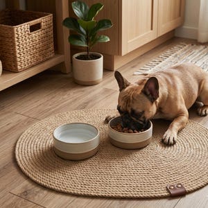 Handmade 100% natural jute dog bowl mat on a rustic light wood floor. This fringeless, hand-stitched placemat features a premium genuine leather tag and serves as a stylish, durable feeding station for dogs. The organic woven texture protects floors from food and water spills while providing a rustic, farmhouse aesthetic that blends seamlessly with modern pet home decor. Perfect for sustainable pet owners looking for functional and aesthetic dining solutions for their furry friends.