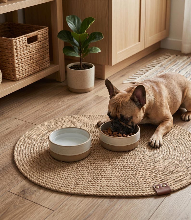 Handmade 100% natural jute dog bowl mat on a rustic light wood floor. This fringeless, hand-stitched placemat features a premium genuine leather tag and serves as a stylish, durable feeding station for dogs. The organic woven texture protects floors from food and water spills while providing a rustic, farmhouse aesthetic that blends seamlessly with modern pet home decor. Perfect for sustainable pet owners looking for functional and aesthetic dining solutions for their furry friends.