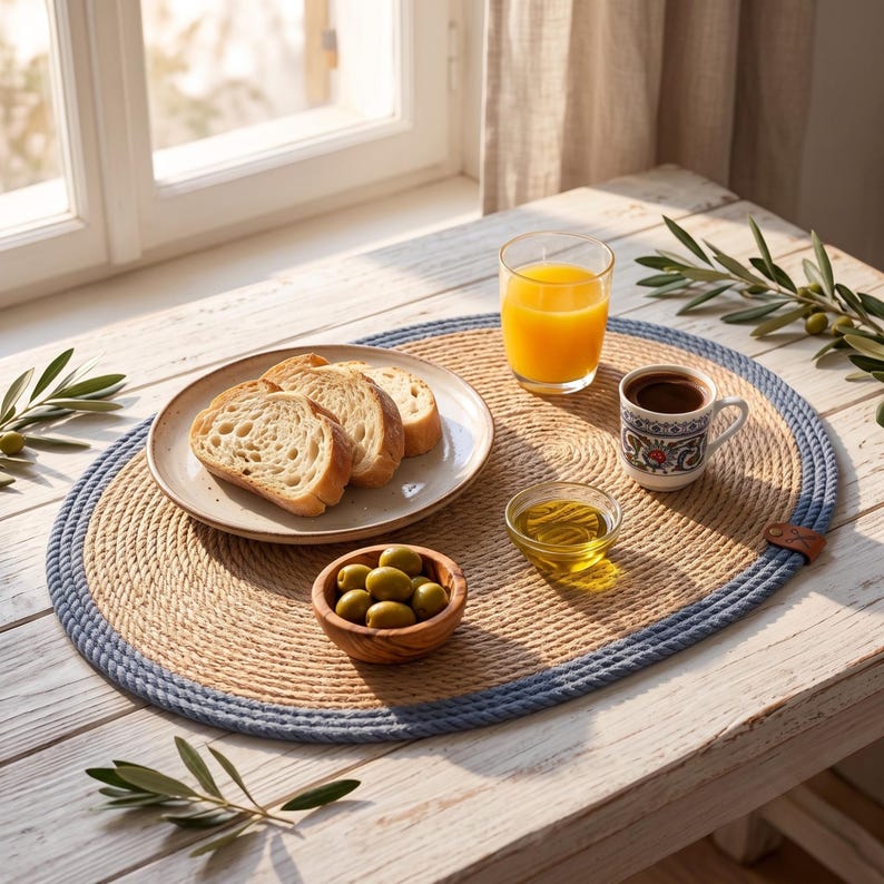 Denim blue striped jute placemats on a coastal table with sea view, styled with white plates and napkins.