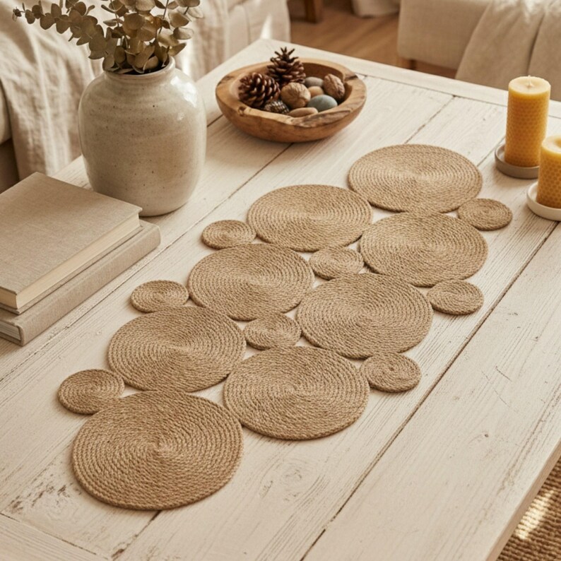 May include: A jute table runner and coasters set. The runner and coasters are made from tightly wound rope, creating a textured, circular design. The neutral colour palette complements the rustic aesthetic, ideal for a dining or coffee table setting.