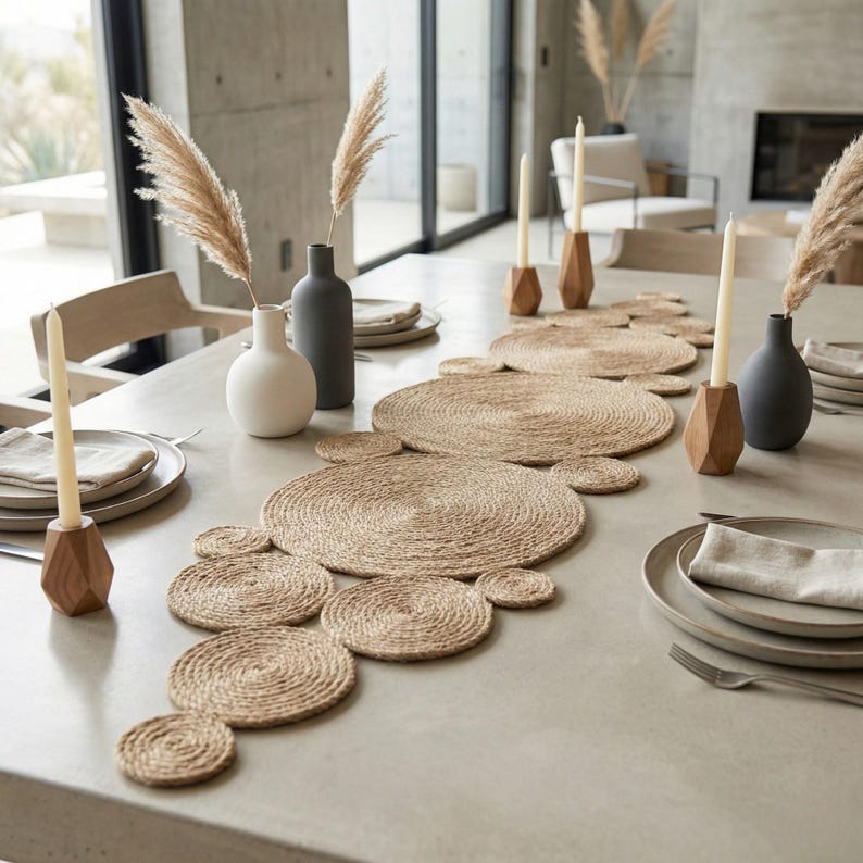 Pale concrete table with a jute coil runner, faceted wood candle holders, matte vases of pampas grass and simple grey plates