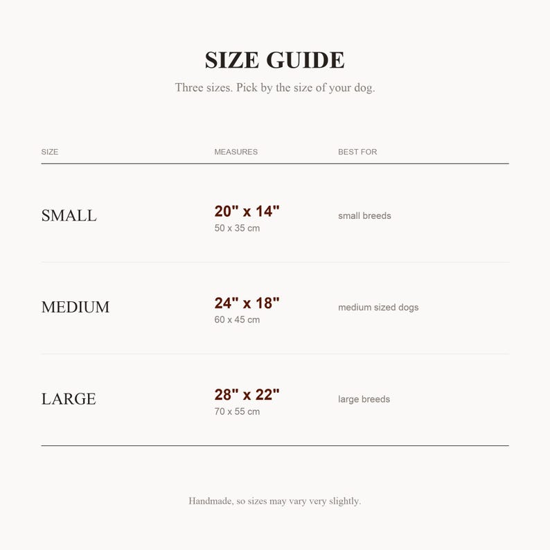 Size guide. Jute dog bowl mat in three sizes. Small is 20 by 14 inches or 50 by 35 cm, for small breeds. Medium is 24 by 18 inches or 60 by 45 cm, for medium sized dogs. Large is 28 by 22 inches or 70 by 55 cm, for large breeds. Handmade, so sizes may vary very slightly.