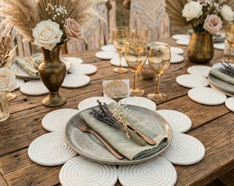 Ręcznie robione bawełniane podkładki pod talerze z motywem stokrotek, dekoracja stołu weselnego w stylu boho, mata w kształcie kwiatu