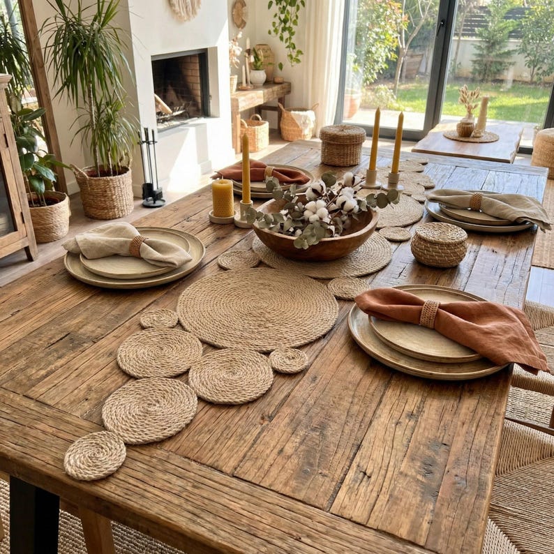 Wide farmhouse table with a jute coil runner, a wooden bowl of cotton stems and eucalyptus, rust linen napkins and beeswax candles by an open fireplace