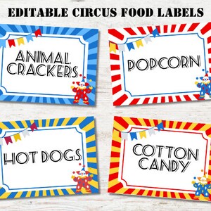 Étiquettes de nourriture de cirque, décorations de fête de cirque, cartes de tente de nourriture de cirque, étiquette de tente de nourriture de carnaval, décoration de fête de carnaval, téléchargement numérique
