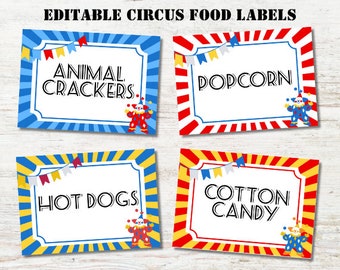 May include: Four printable circus food labels with a red and white striped background, a blue and yellow striped background, and a clown illustration. The labels read "Animal Crackers", "Popcorn", "Hot Dogs", and "Cotton Candy".