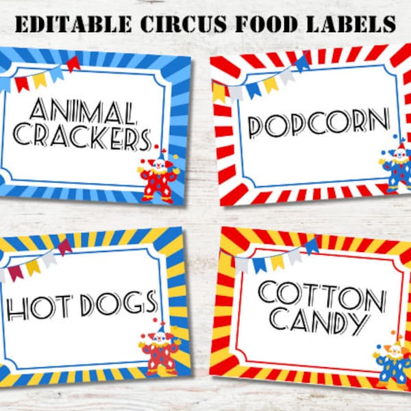 Circus Food Labels, Circus Party Decorations, Circus Food Tent Cards, Carnival Food Tent Label, Carnival Party Decor, Digital Download