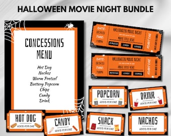 以下が含まれることがあります： ハロウィーン映画の夜のバンドル。軽食メニュー、チケット、食品ラベルが含まれています。メニューには、ホットドッグ、ポップコーン、飲み物などのアイテムがリストされています。チケットはオレンジと黒で、食品ラベルには軽食のイラストが描かれています。
