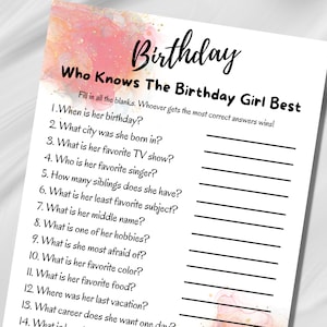 Birthday Party Game for Teen, Slumber Party Games, Who Knows the Birthday Girl Best, Tween Party Games, Sweet 16 Party Games, Download
