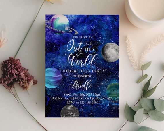 Galaxy Birthday Party Invitation, Out Of This World, Outer Space.