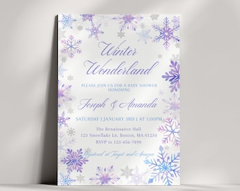 Op de afbeelding: Een uitnodiging voor een babyshower met een winterwonderland-thema. De uitnodiging heeft een witte achtergrond met een rand van paarse en zilveren sneeuwvlokken. De tekst luidt "Winter Wonderland" en bevat details over het evenement.