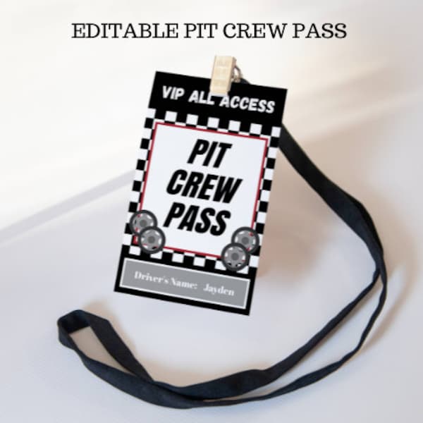 Race Car Party Pit Crew Pass, Two Fast Birthday Party, VIP Pit Crew Badge, VIP Guest Name Tags, Race Car Birthday Decor, Digital Download