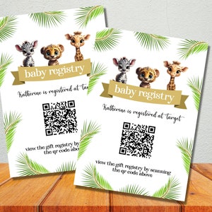 Safari-Baby-Karte mit QR-Code, Dschungel-Babyparty-Geschenk-Karte, Baby-Tiere, printable
