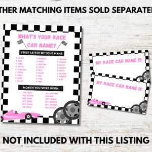 May include: A printable game card with a black and white checkered background. The card has the title "What's Your Race Car Name?" and instructions to determine your race car name based on the first letter of your name and the month you were born. The card also includes two blank cards with the text "My Race Car Name Is:"