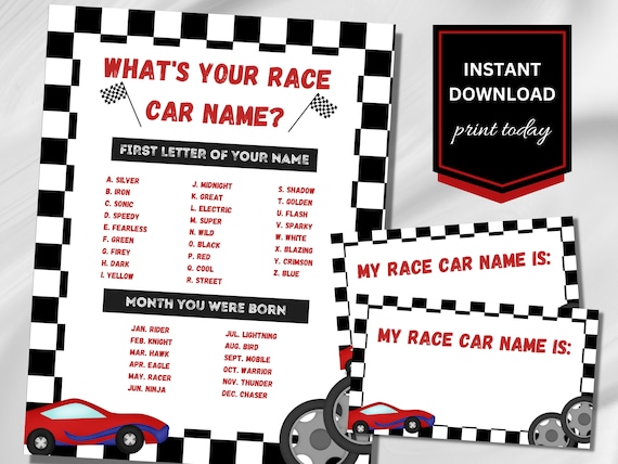 Race Car Birthday Party Game: What's Your Name Activity (Digital Download)