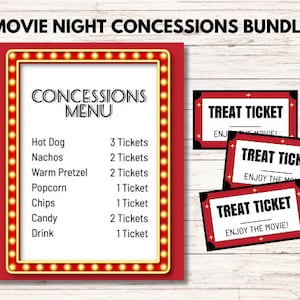 May include: A red and gold movie night concessions menu with a list of items and ticket prices. The menu includes items like hot dogs, nachos, and popcorn. Three red "Treat Ticket" cards are also shown.