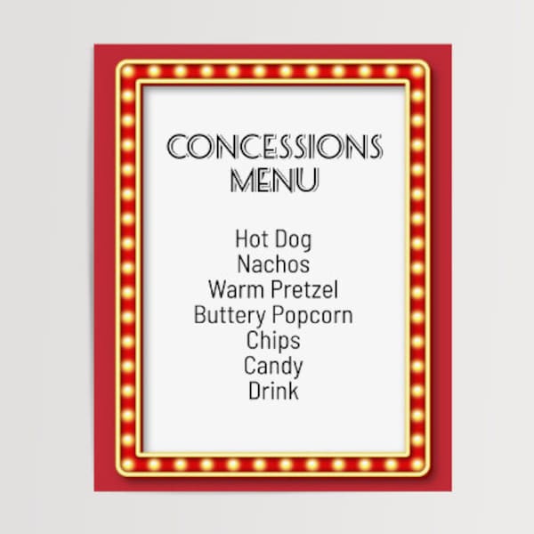 Movie Concessions Sign, Concessions Menu Template, Movie Night Birthday, Movie Night Concession Stand, Family Movie Night, Instant Download