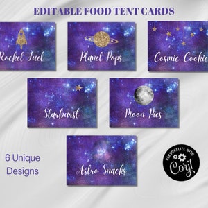 Galaxy Party Food Zeltkarten, Weltraum-Lebensmitteletiketten, Galaxy Party Decor, Buffet Tischkarten, bearbeitbare gefaltete Karten, Instant Download