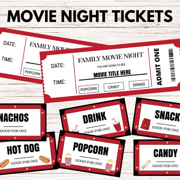 Family Movie Night Tickets, Concession Tickets, Movie Night Birthday, Editable Printable, Movie Night Bundle, Instant Download