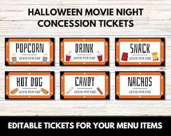 以下が含まれることがあります： ハロウィーン映画の夜のコンセッションチケット。オレンジと黒のボーダー。ポップコーン、飲み物、スナック、ホットドッグ、キャンディー、ナチョスのチケット。各チケットには「Good for One」と書かれています。