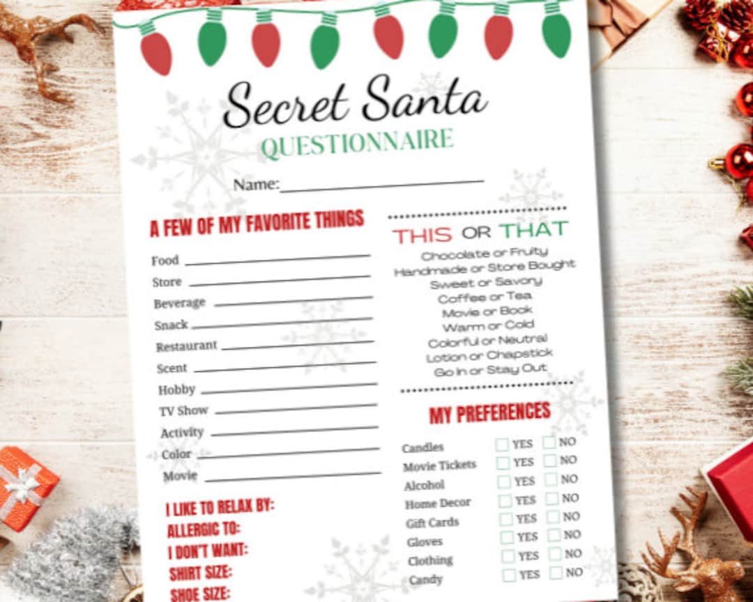 Secret Santa Questionnaire Printable Work Christmas Party - Etsy