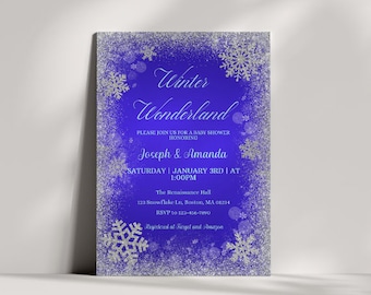 May include: A blue baby shower invitation with silver snowflake accents and the words "Winter Wonderland." The invitation includes the names Joseph & Amanda, date, time, and location. The text is in a white, elegant font.