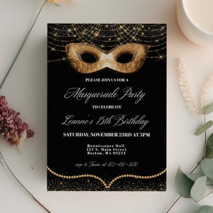 Masquerade Party Invitation: Elegant Birthday, Sweet Sixteen (Digital Download)