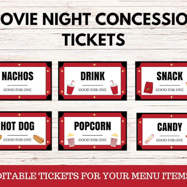 Movie Night Concession Tickets, Editable Printable, Movie Night Birthday, Movie Night Concession Stand, Family Movie Night, Instant Download