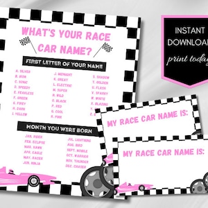 Race Car Birthday Games Printable, Racing Birthday Party Games, What&#39;s Your Name Game, Name Tags, Girl Race Car Party, Pink Racer, Download