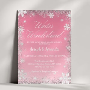 Winter Wonderland Baby Shower Invitation Template, Winter Baby Shower Invitation for Girl, Snowflakes, Pink, Instant Download