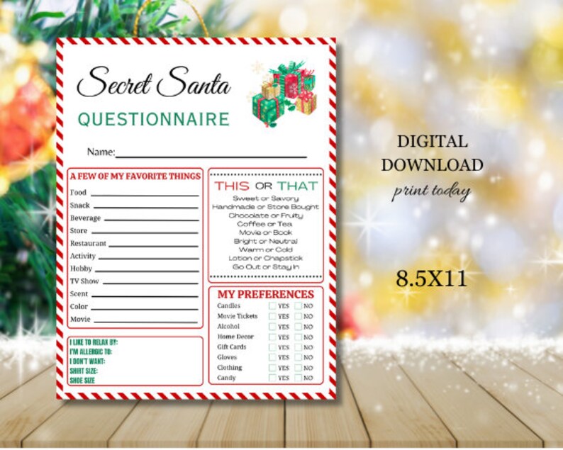 Secret Santa Questionnaire Printable, Office Gift Exchange, Coworker ...