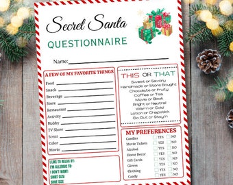 Secret Santa Questionnaire Printable, Office Gift Exchange, Coworker Gift Exchange, Company Christmas Party, Instant Download