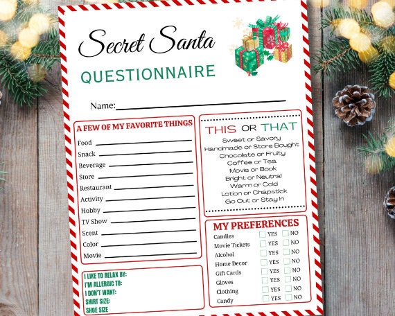 Secret Santa Questionnaire Printable Office Gift Exchange - Etsy
