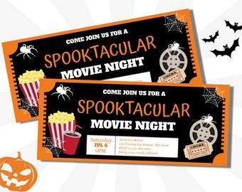 Inbjudan till Halloween-filmkvällsbiljett, redigerbar utskrivbar (digital nedladdning)