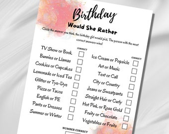 Would She Rather Birthday Game: Teen Party (Printable)