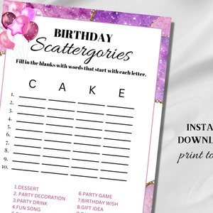 Birthday Games for Her, Birthday Games for Kids, Scattergories Game, Birthday Printable Activity, Adult Birthday Games for Her, Download