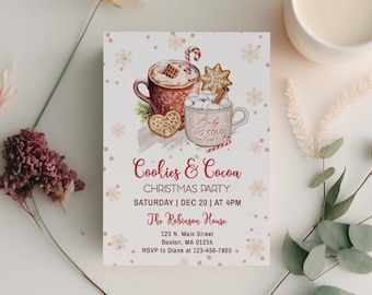 May include: A Christmas party invitation with a watercolor illustration of two mugs of hot cocoa with marshmallows and a gingerbread cookie. The text reads "Cookies & Cocoa Christmas Party Saturday | Dec 20 | At 4PM The Robinson House 123 N. Main Street Boston, MA 01234 RSVP to Diane at 123-456-7890"