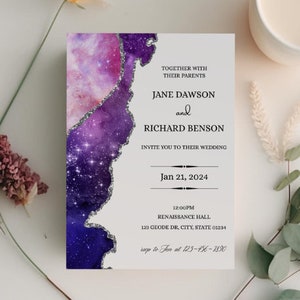 May include: A wedding invitation with a galaxy-themed design. The invitation features a purple and pink galaxy with silver glitter accents. The text on the invitation reads "Together with their parents, Jane Dawson and Richard Benson invite you to their wedding, Jan 21, 2024, 12:00PM, Renaissance Hall, 123 Geode Dr, City, State 01234, RSVP to Jen at 123-456-7890."