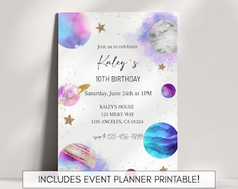 Editable Galaxy Birthday Invitation: Outer Space Party, Girl Birthday (Digital Download)