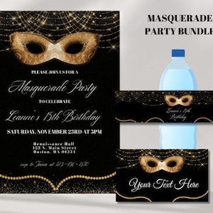 Masquerade Party Bundle, Masquerade Party Invitation, Buffet Table Cards, Table Decor, Masquerade Birthday, Milestone Bday, Instant Download
