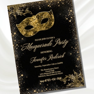 Black and Gold Masquerade Party Invitation Printable, Elegant Masquerade Ball Birthday Invitation, Formal Gala Invitation Digital Download