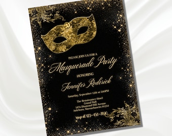 Black and Gold Masquerade Party Invitation: Elegant Formal Ball, Prom Invite (Digital Download)