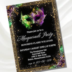 Masquerade Party Invitation, Purple Green Gold Masquerade Ball Invitation, Milestone Birthday Party Invite, Sweet Sixteen, Digital Download