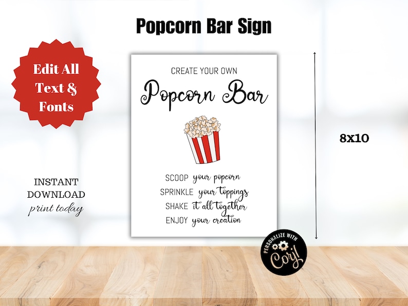 Editable Popcorn Bar Sign, Movie Night Concession Sign, Family Movie ...
