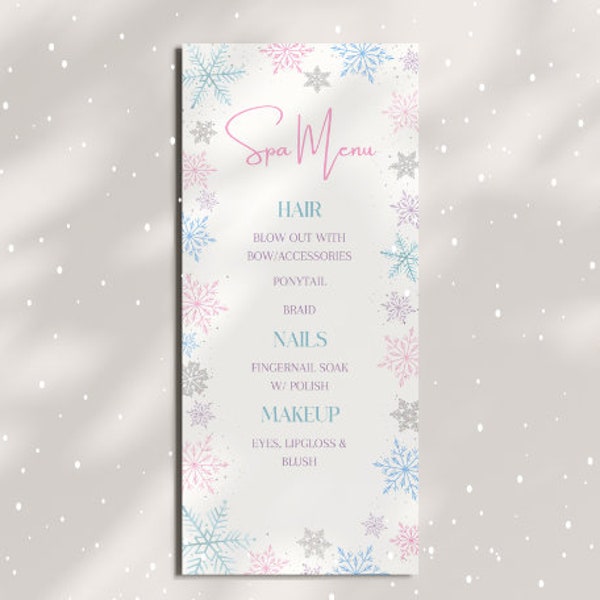 Winter Spa Party Menu, Spa Menu of Services, Winter Wonderland Spa Party, Winter Spa Party Decorations, Snowflake Spa Menu, Digital Download