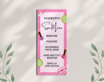 Op de afbeelding: Roze en witte stippen spa-menu met de tekst "MADISON'S Spa Menu" en een lijst met diensten, waaronder manicure, pedicure, voedende gezichtsmasker, hand- en voetmassage en make-up aanbrengen.