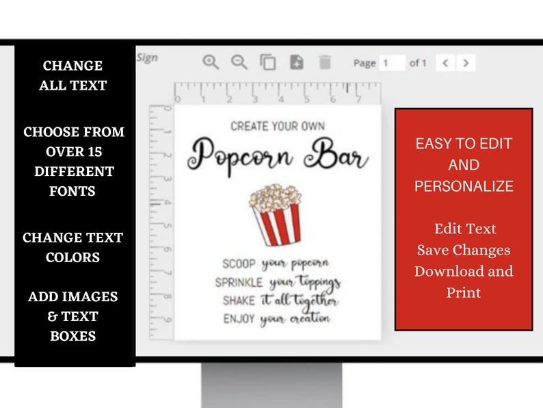 Op de afbeelding: Een digitaal ontwerpsjabloon voor een popcornbarbord. Het bord bevat de tekst "Maak je eigen popcornbar" met een illustratie van popcorn in een rood-wit gestreepte container. Instructies zijn inbegrepen.